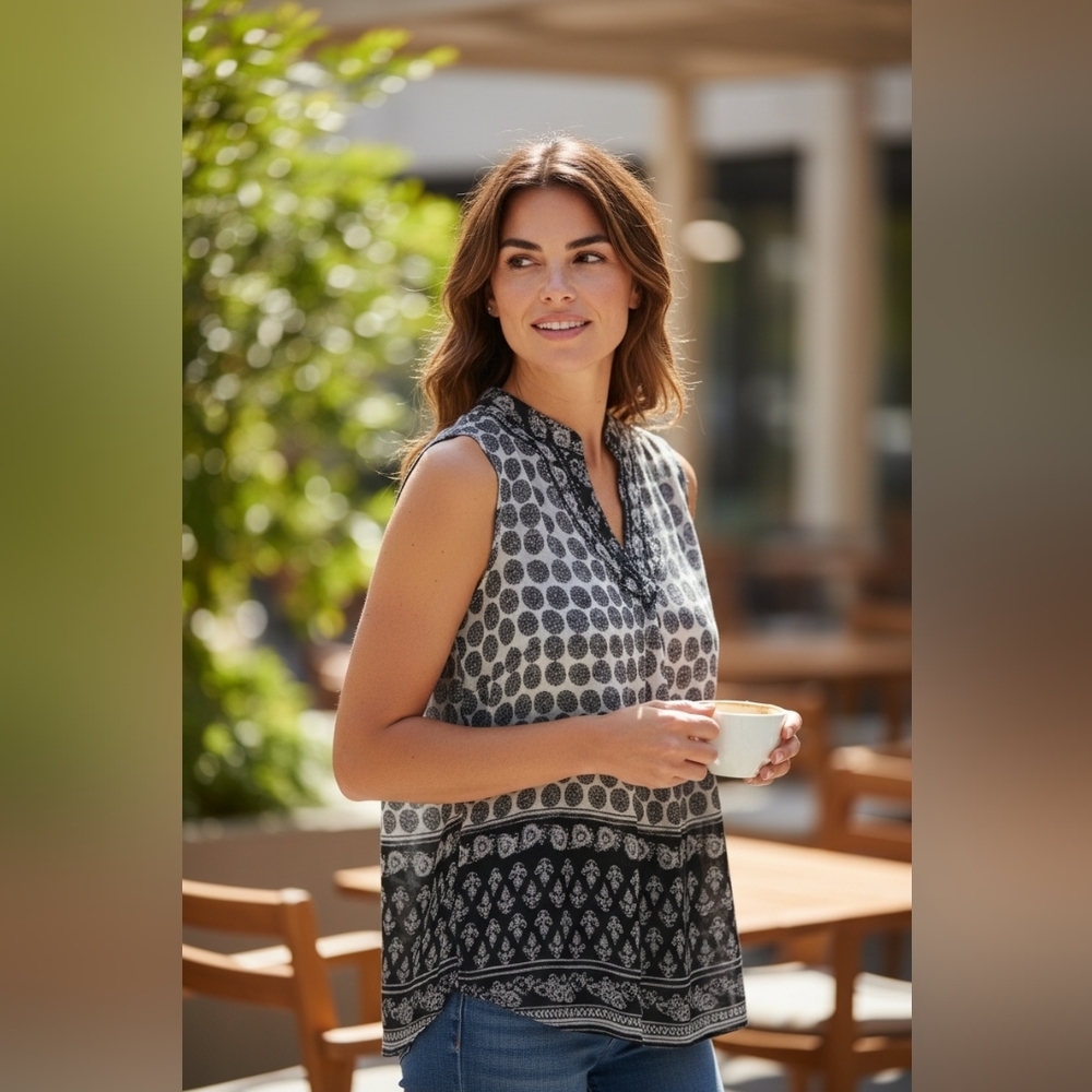 BLACK & WHITE  Boho Sleeveless Patterned Top